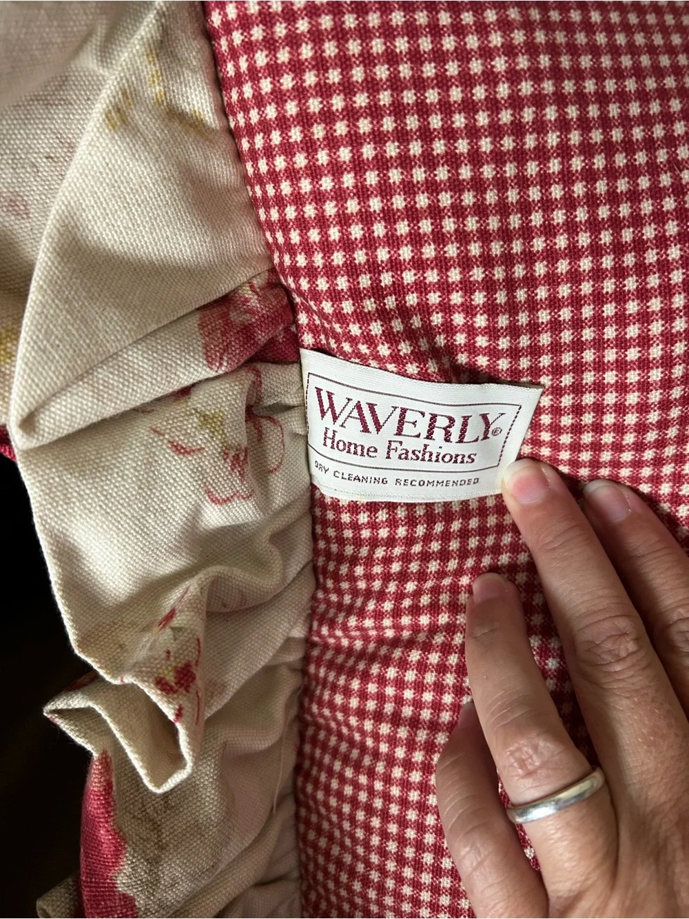 Waverly Home Red Norfolk Rose Gingham Ruffled French County Toile Throw Pillow